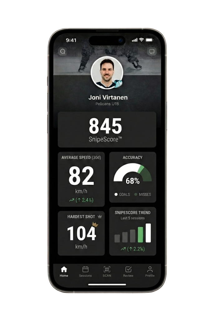 SnipeZone Player’s App displaying hockey analytics and gamified career stats on a smartphone.