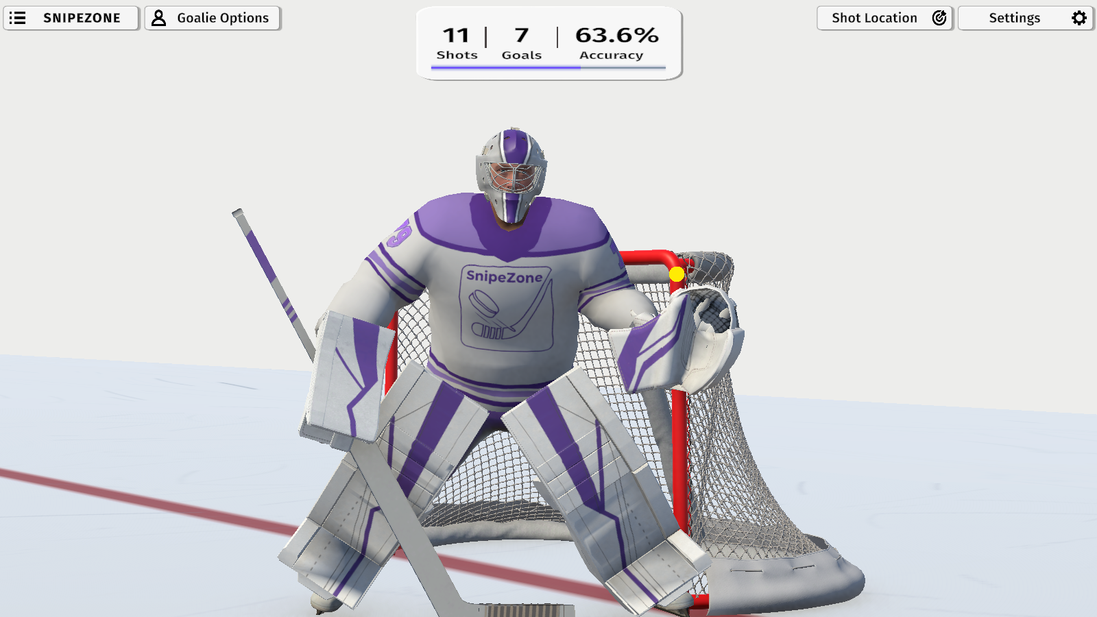 Virtual goalie in the SnipeZone Simulator showing customizable goalie positioning for hockey shooting practice.