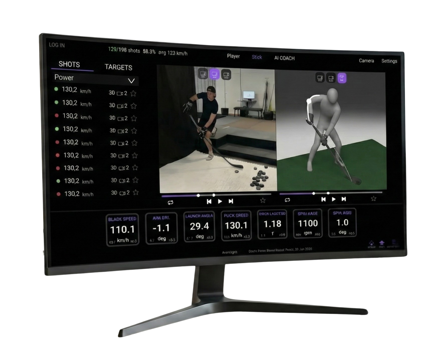 SnipeZone Performance Studio (SPS) intuitive touch-screen interface in a hockey training facility shooting room.